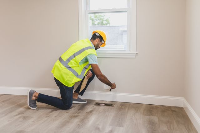 person in a safety vest inspecting an air vent